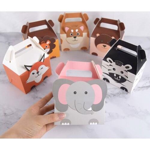 5Pcs Animals Candy Bags Cartoon Elephant Lion Fox Treat Paper Bags Portable Kids Birthday Party Biscuit Gifts Packaging Supplies