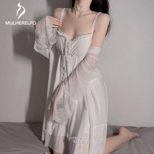 Sexy V Neck Lace Patchwork Ruffle Sling Nightdress Women Nightwear Solid Mesh Long Sleeve Lace-Up Robe Nightgown Female Homewear