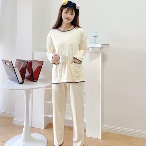 2021 Autumn and Winter New Womens 2-piece Set Solid Color Splicing Thickened Warm Pajamas Home Clothes Set Womens