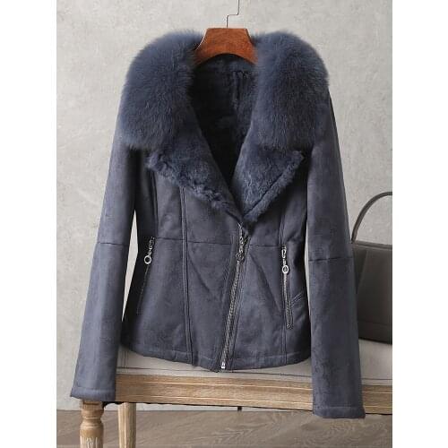 New Women Winter Sheep Leather Coat Ladys Real Rabbit Fur Jacket Leather Winter Jacket Warm fur Rabbit Fur Lining Fur Coat