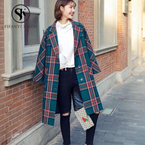 Winter Coat Women Fashion Plaid Vintage Wool blend Long Coat 2019 Autumn New Single Breasted Thick Warm Woolen Overcoat Female
