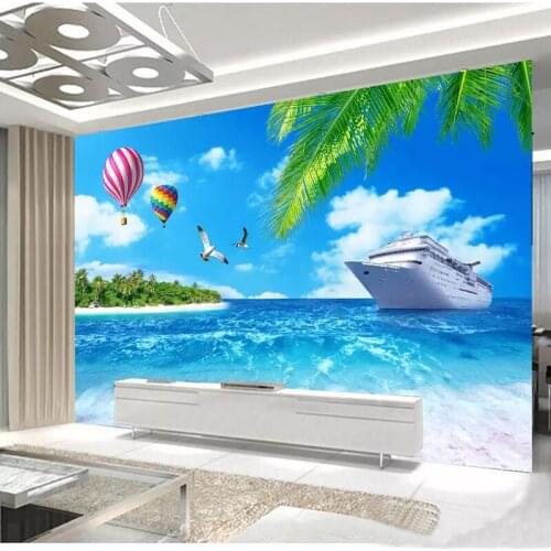 Custom Wall Cloth 3D Sea View Coconut Tree Boat Nature Landscape Wallpaper Living Room Bedroom Decoration Background Wall Mural
