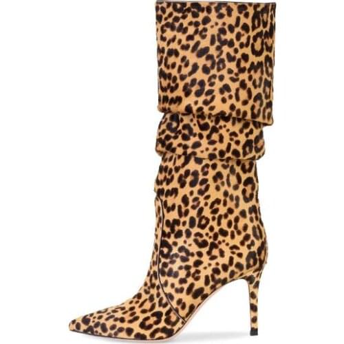 Drop Shipping Brand Women Fashion Animal Prints Brown White Pink Leopard Thin Heels Pointed Toe Knee High Long Plus Size Boots