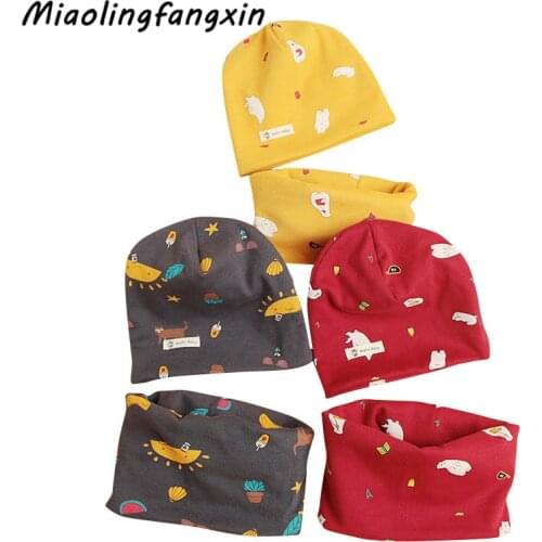 Two Piece Cotton Hat Scarf Spring Cartoon Print Children Cap Scarf Kids Warm Beanie Collar Set Autumn Children Hats Set