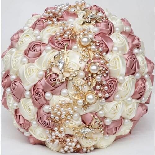 7colors Pearls Bridal Wedding Rose Bouquets Elegant Bouquet Bridesmaid Hand Holding Fake Flowers Gold Diamonds Party Gift W322G