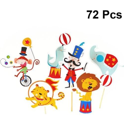 72pcs Cartoon Cake Toppers Birthday Party Cake Decorations Circus Animal Tiger Dolphin Cupcake Topper Party Supplies