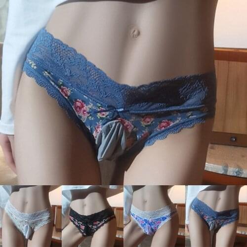 Mens Sissy Pouch Panties Mid Waist Lace Sheer Briefs Printed Underwears Lingerie U Convex Pouch Gays Underpants Шорты 2021 New