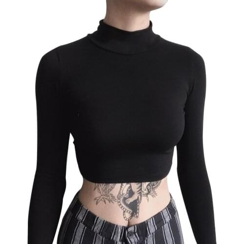 Women T Shirt Black Long Sleeve T-shirt Turtleneck Sexy Cropped Tshirt Slim Fashion Female Crop Top Ladies Fashion Tee Shirt
