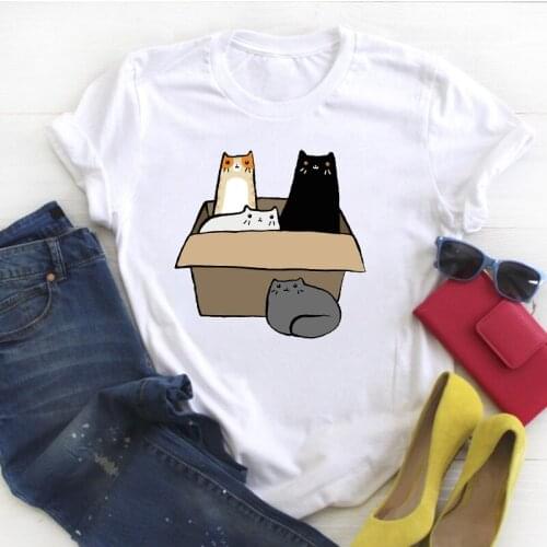 Women Cat Pet Cartoon Kawaii Funny Cute Print Ladies Summer T Tee Female Top Shirt Clothes Tshirt Womens Graphic T-shirt