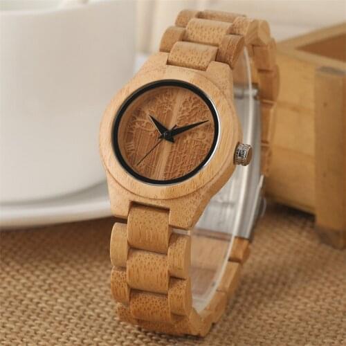 Quartz Bamboo Watch Lady Engraved Tree Pattern Small Dial Womens Wooden Bangle Wristwatch Natural Trendy Female Watches Gift
