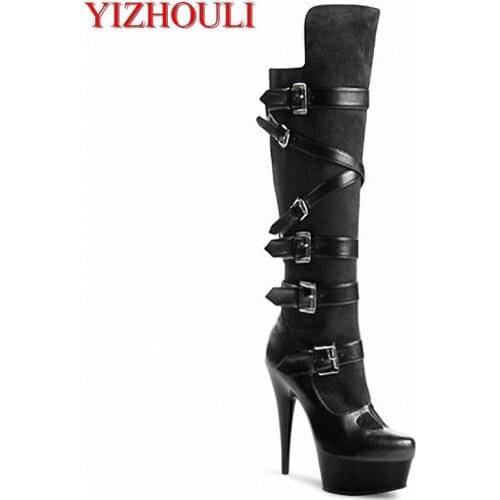 2018 sexy clubbing high heels women motorcycle boots 17-15cm high heels boots black knee high boots