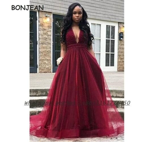 Burgundy Evening Dress Long 2021 A Line Off-The-Shoulder V Neck Corset Tulle Formal Evening Gown for Women