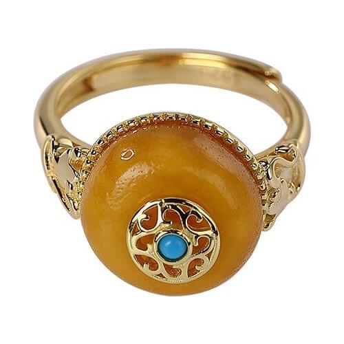 925 sterling silver gold plated natural amber beeswax old wax ring retro national trend peace buckle Womens Open ring