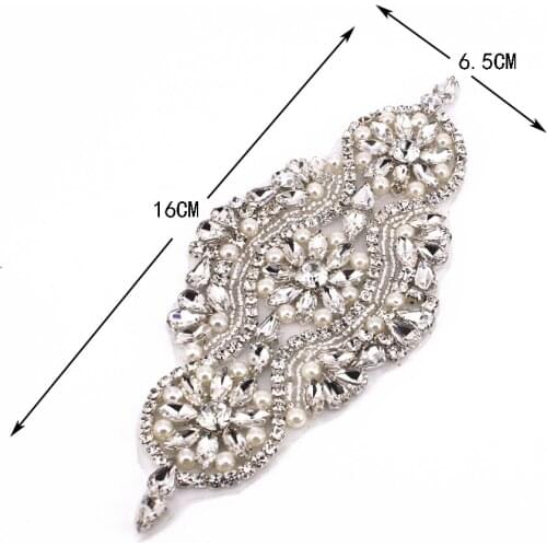 16x6.5cm 1 pcs Sewing On Rhinestone Applique Silver Base Clear Crystal Rhinestones DIY Wedding Evening Dress
