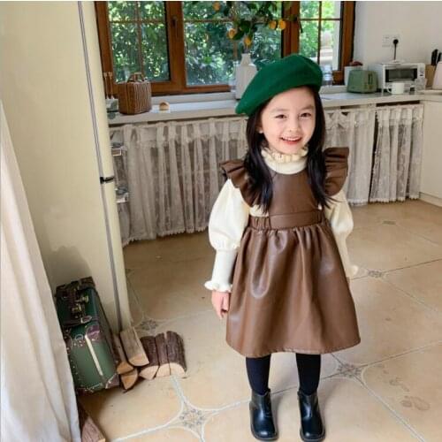 2020 Korea style girls leather dress fashion autumn girls vest dresses 2-7 years F728