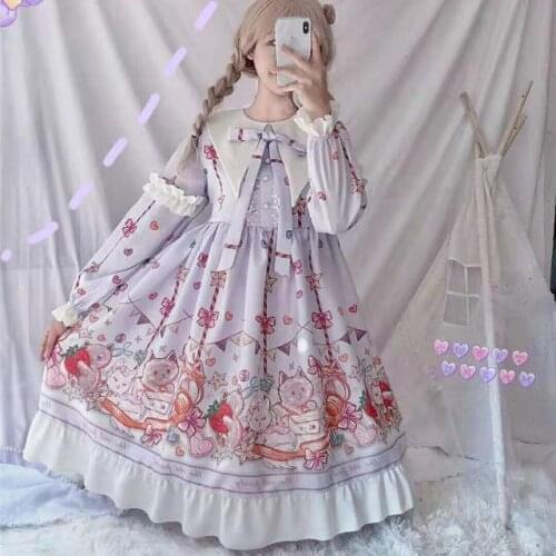 2021 Japanese Harajuku Long Sleeves Doll Dress Fairy Vestidos Alice In Wondeland Cute Women Lolita OP Dress Flouncing Lace Trim