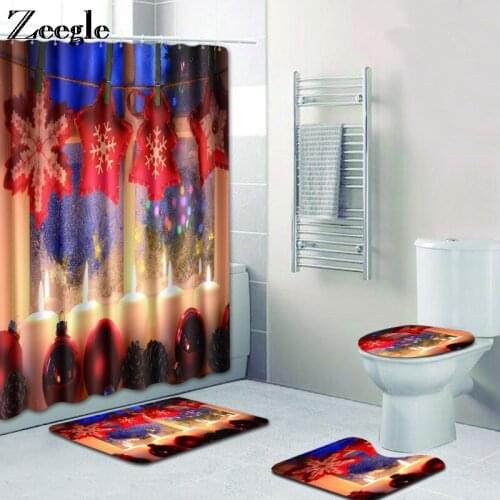 4pcs Christmas Bath Mat and Shower Curtain Set Non Slip Bathroom Carpets Toilet Pedestal Rugs Home Decoration Bathroom Floor Mat