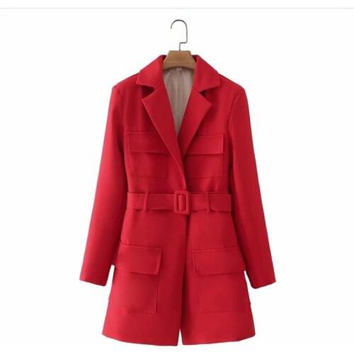ZXQJ Women 2021 Fashion With Belt Buttonless Blazer Coat Vintage Long Sleeve Pockets Female Outerwear Chic Veste Mujer