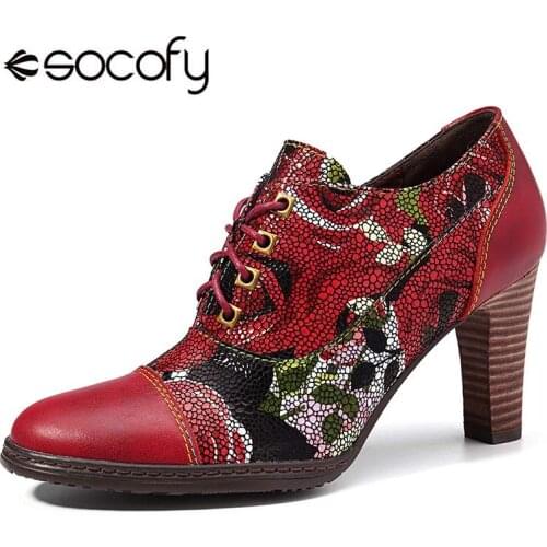 SOCOFY Stylish Bloom Flowers Genuine Leather Splicing Stitching Lace Up Zipper Soft High Heel Pumps 8cm Ankle Boots Zipper Boots