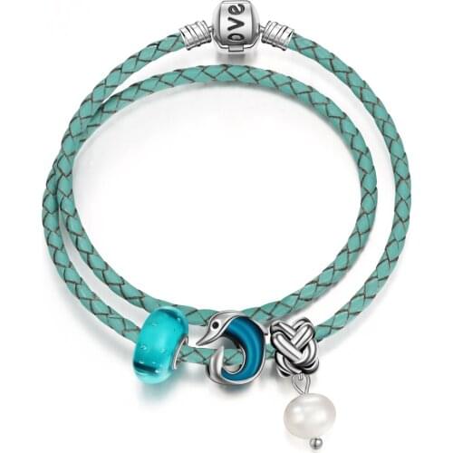 Design For Simple Blue Dolphin Pearl Beads Charms Leather Bracelets Bangle For Womens Gift