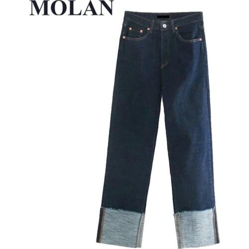 Jeans Women Chic Fashion Folded Up Wide Leg Vintage High Waist Zipper Fly Denim Female Hot Sale Good Quality Trousers Mujer