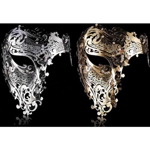 Phantom Laser Cut Venetian Mask Masquerade Metal Men Women Skull Filigree for Party Halloween Silver/Gold