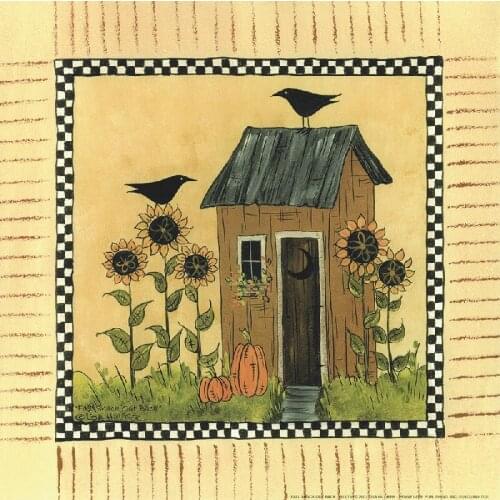 Cartoon house painting with birds and sunflowers quality oilpainting picture print on canvas for kids room decor