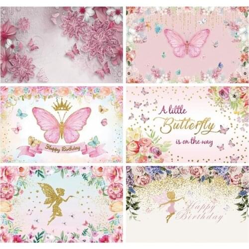 Laeacco Baby Shower Photozone Pink Flowers Butterfly Glitters Water Children Portrait Photography Backdrops Photo Backgrounds