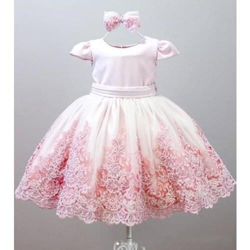 Lovely Pink Infant Toddler Girls Birthday Dresses Cap Sleeve Lace Applique Tutu Baby Girls Party Gown Flower Girl Dress Big Bow