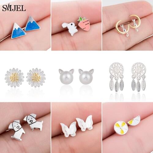 Mini Lovely Animal Cat Stud Earrings Daisy Mountain Earing for Girls Kid Silver Color Dog Butterfly Jewelry Women pendientes