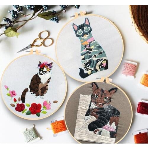 Cute Cat Beginner Embroidery Kits Fabric Threads Material Bag Diy 3d Sewing Craft Kit Embroidered Paintings Wall Desktop Decor