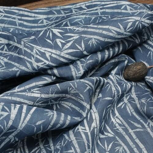 The original blue dye printing style bamboo plants pure ramie fabric,Sewing accessories,dress material
