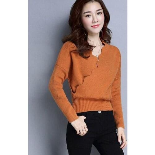 Autumn and Winter Wavy Edge Overlapping Collar Pullover Bottoming Shirt Stomach Blanket Waist Slimming Bat Sleeved Knitwear