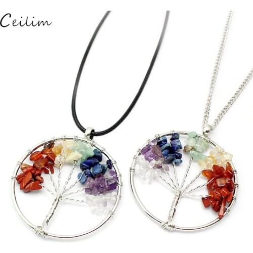 Natural Stone Round Tree Pendant Necklace Handmade 7 Chakra Healing Quartz Crystal Necklace Wedding Jewelry for Women
