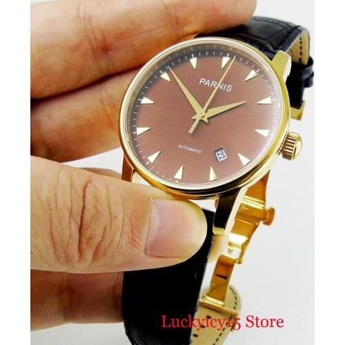 PARNIS Sapphire Crystal Date Function 38mm Yellow Gold Watch Case Leather Strap Automatic Movement