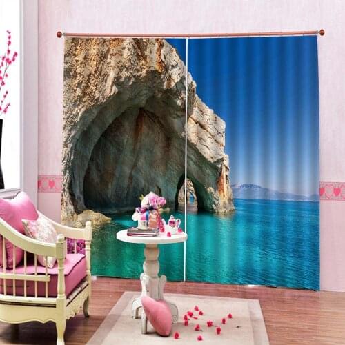 Custom Seaside Decor Curtain Old Rocky Stone Arches Seacoast Summer Light Nature Scenery Mediterranean Window Drapes Sets