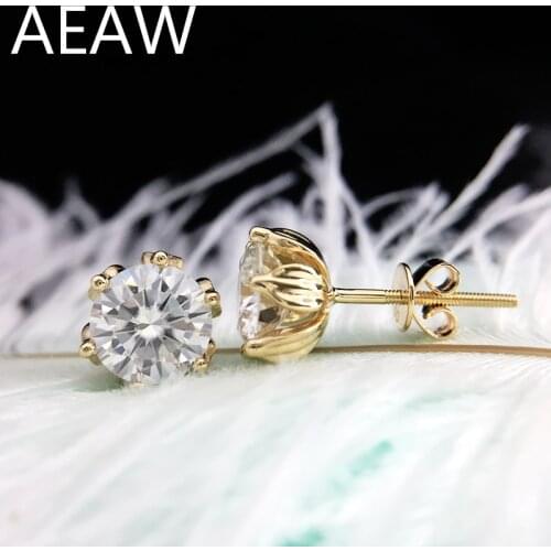AEAW Flower Shaped 14K Yellow Gold 2ctw 4ctw DF Color Moissanite Diamond Stud Earrings For Women Push or Screw Back for Women