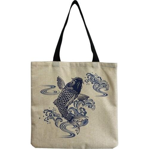 Storage Koi Fish Print Womens Handbag Chinese Style Simple Size Tote Bag For Girls Custom Pattern ECO Friendly Beach Casual Bag