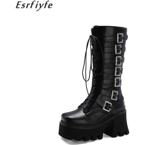 ESRFIYFE 2020 Brand New Fashion Female Platform Boots Classic High Heel Boots Women Metal Buckle Autumn Winter Shoes Woman