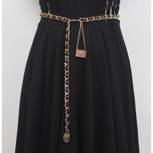 Womens Runway Fashion PU Leather Knitted Chain Cummerbunds Female Dress Corsets Waistband Belts Decoration Narrow Belt R1718