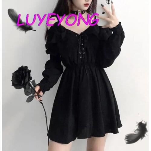 Lady Empire Eyelet Lace-up Lantern Sleeve Mini Camisole Dresses Women Black Gothic Deep V Neck Off Shoulder Dress 2021 Summer