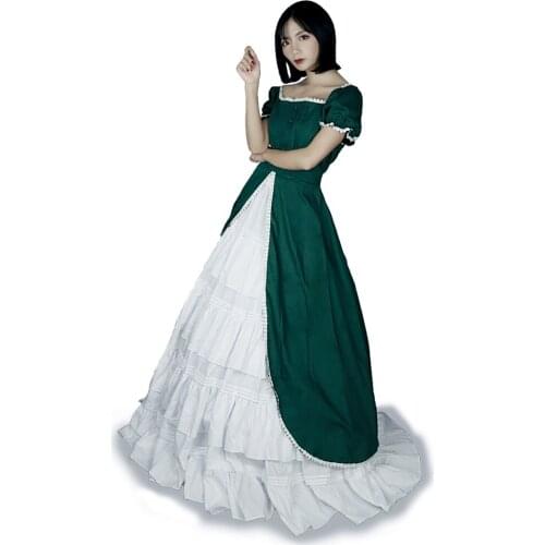 Gothic Lolita Ladies Dress Vintage Court Costume Cosplay Party Ball Gown Green with White Cotton Dresses with Bustle