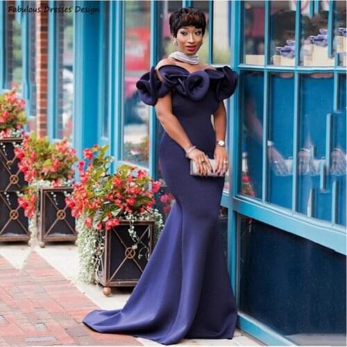 Navy Blue Mermaid Evening Dresses Long Off Shoulder Ruffles Backless Robe De Soiree Formal Women Wedding Guest Dress