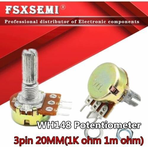 100pcs WH148 B1K B2K B5K B10K B20K B50K B100K B500K 3Pin 20mm Shaft Amplifier Dual Stereo Potentiometer 1K 2K 5K 10K 50K 100K 1M