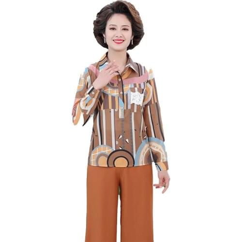 2pcs/set Vintage Shirt + Pants Women Lapel Office Fashion Female Blouse Long Sleeve Plus Size Lady Tops Blusa Feminina