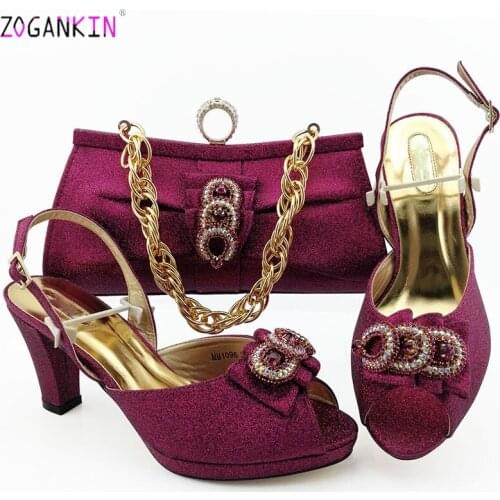 2019 New Arrivals Magenta Matching Shoes and Bag Set In Heels Matching Shoes and Bag Set for Italian Party with Crystal For Wedi