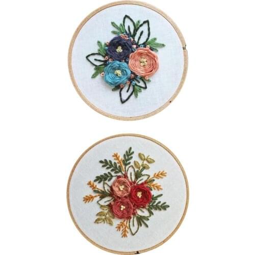 2x Flower Floral Pattern Embroidery Starter Kit Hoop Threads Needles Kit