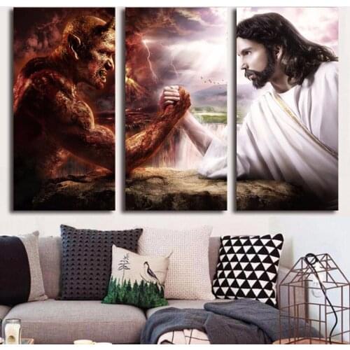 3 pieceHD Printed Jesus Christ arm wrestling with devil Painting last supper wall art canvas Free shipping