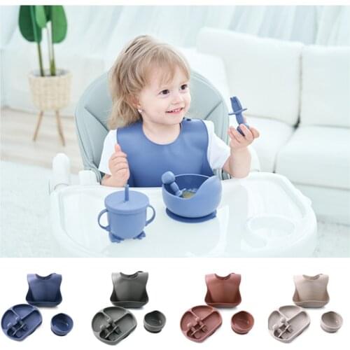 5pcs Tableware Set BPA Free Baby Feeding Dishes Toddler Silicone Feed Bowls Children Bibs Infant Dinnerware Food Plates for Kids
