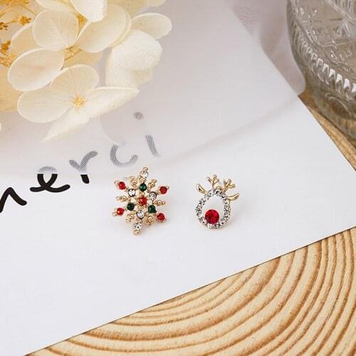 Colorful Rhinestone Snowflake Elk Asymmetric Earrings for Women Gold Color Alloy Small Christmas Stud Earrings Creative Jewelry